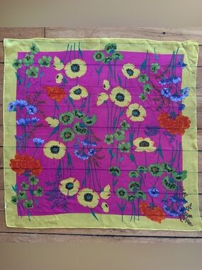Floral Sheer Scarf with bright Pink purple  and Yellow Flowers‎ 100% silk Y2K